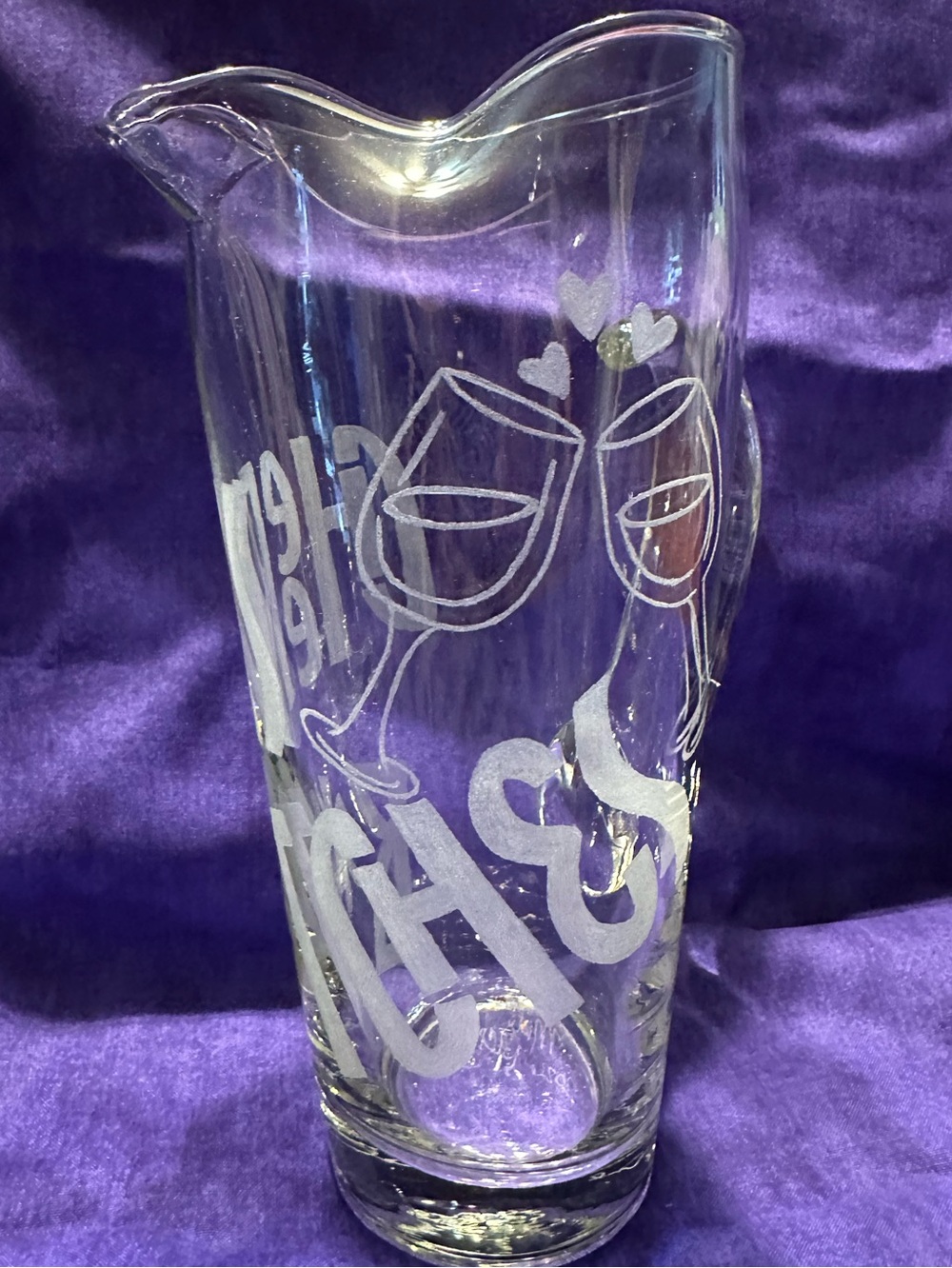 Etched Glass Wine Pitcher with Cheers Design